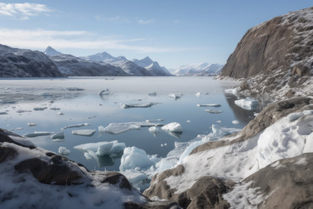 freezing fiord, with view of massive glacier in the distance, created with generative aiの素材