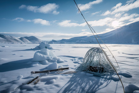 ice fishing on a frozen fiord, with net and tackle in view, created with generative aiの素材