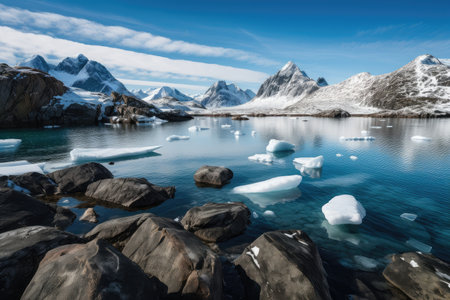freezing fiord with crystal-clear waters and snow-covered peaks in the background, created with generative aiの素材