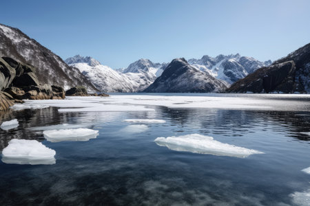 freezing fiord with crystal-clear waters and snow-covered peaks in the background, created with generative aiの素材