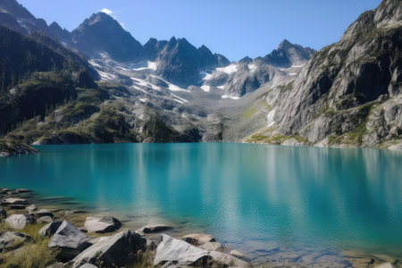 pristine glacier lake, surrounded by towering peaks and the sound of crashing waves, created with generative aiの素材