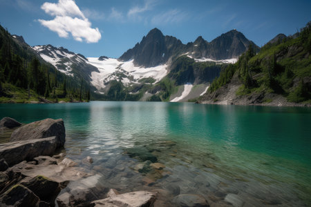 pristine glacier lake, surrounded by towering peaks and the sound of crashing waves, created with generative aiの素材