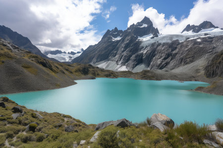 pristine glacier lake, surrounded by towering peaks and the sound of crashing waves, created with generative aiの素材