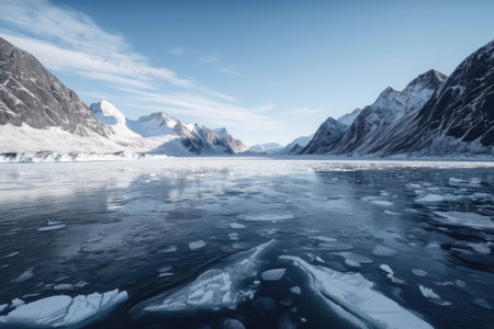 freezing fiord, with view of majestic mountain range in the background, created with generative aiの素材
