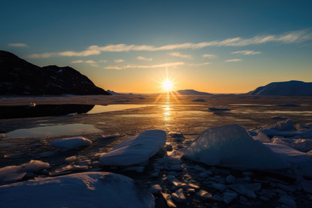 freezing fiord at sunrise, with the sun emerging over the horizon, created with generative aiの素材