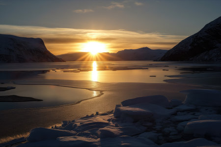 freezing fiord at sunrise, with the sun emerging over the horizon, created with generative aiの素材