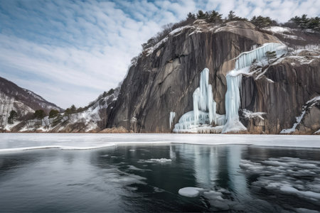 majestic waterfall, with ice and snow, cascading into the frozen fjord, created with generative aiの素材