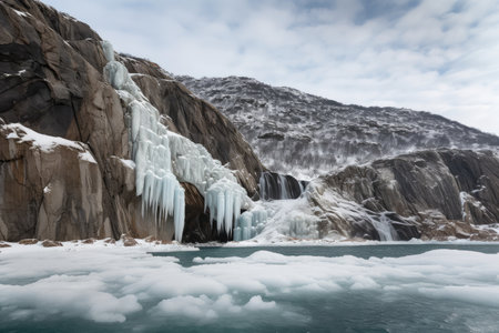 majestic waterfall, with ice and snow, cascading into the frozen fjord, created with generative aiの素材