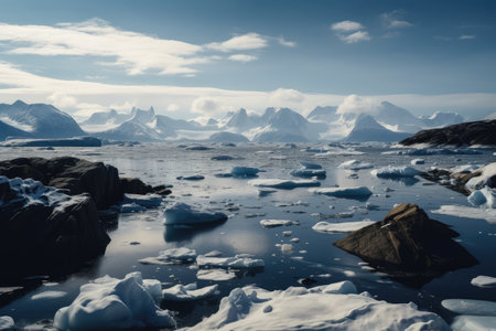 freezing fiord with ice floes and snow-capped peaks in the background, created with generative aiの素材