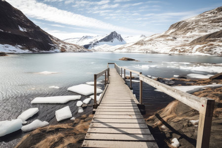 freezing fiord with boardwalk and wooden steps leading down to glacial lagoon, created with generative aiの素材