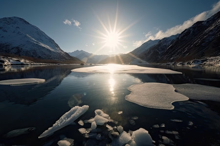 freezing fiord with glistening water, reflecting the sunlight, created with generative aiの素材