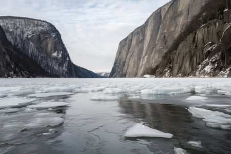 freezing fiord with towering cliffs, waterfalls and ice sculptures, created with generative aiの素材