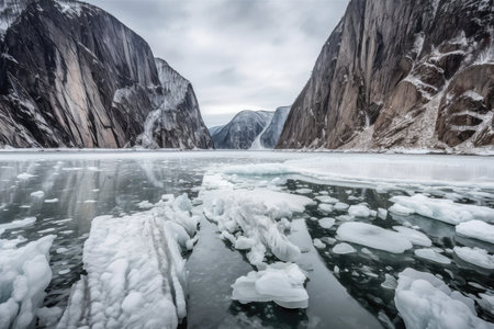 freezing fiord with towering cliffs, waterfalls and ice sculptures, created with generative aiの素材