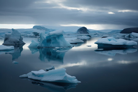 icebergs floating in the still waters of a freezing fiord, created with generative aiの素材