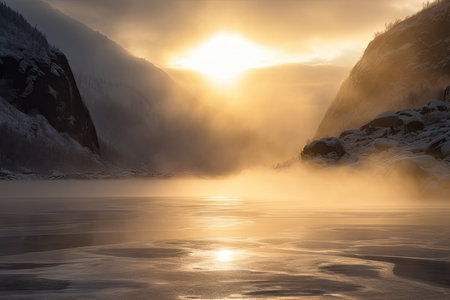 freezing fiord during sunrise, with golden sunbeams shining through the mist, created with generative aiの素材