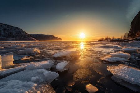 frozen fiord, with view of the sun rising over the horizon, casting warm light on its icy surface, created with generative aiの素材