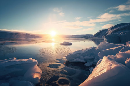 frozen fiord, with view of the sun rising over the horizon, casting warm light on its icy surface, created with generative aiの素材