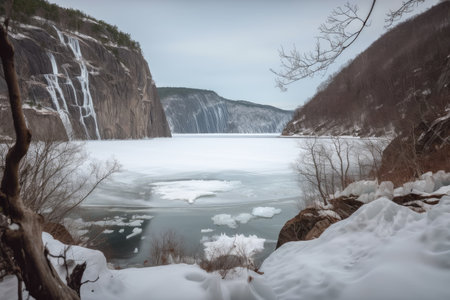 frozen fiord with frozen waterfall and snow-covered trees in the background, created with generative aiの素材