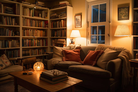 cozy living room with plush seating, warm lighting, and a stack of books, created with generative aiの素材