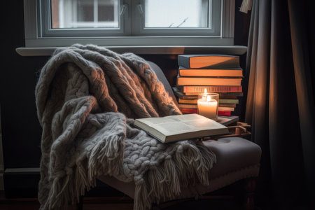 cozy reading nook, with stack of books and cozy throw, created with generative aiの素材