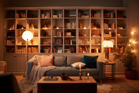 hygge-inspired living room, with inviting couch and warm lighting, surrounded by bookshelves, created with generative aiの素材