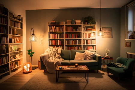 hygge-inspired living room, with inviting couch and warm lighting, surrounded by bookshelves, created with generative aiの素材