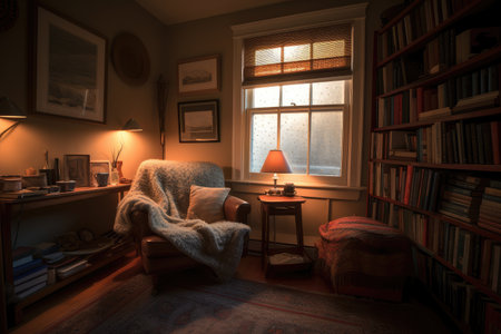 cozy reading nook, with bookshelves, plush armchair and throw blanket, created with generative aiの素材
