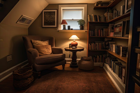 cozy reading nook, with bookshelves, plush armchair and throw blanket, created with generative aiの素材