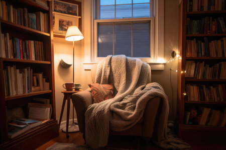 cozy reading nook, with bookshelves, plush armchair and throw blanket, created with generative aiの素材