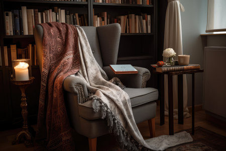 cozy reading nook, with bookshelves, plush armchair and throw blanket, created with generative aiの素材