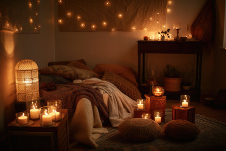 cozy room with plush blankets, warm lighting, and candles, created with generative aiの素材