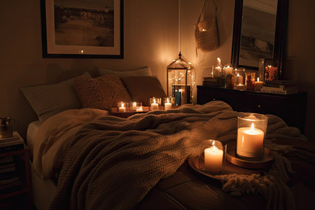 cozy room with plush blankets, warm lighting, and candles, created with generative aiの素材