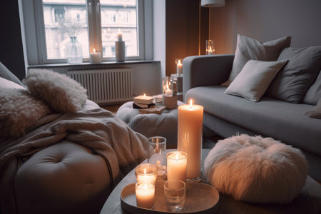 cozy living room with plush pillows and candles for hygge, created with generative aiの素材