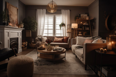 cozy living room with plush furniture, warm lighting, and hygge accessories, created with generative aiの素材