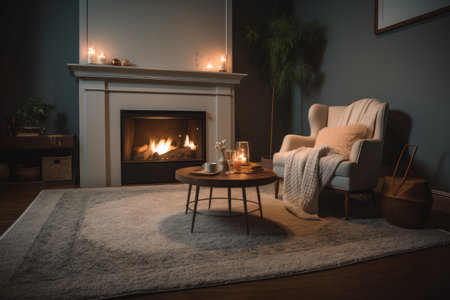 cozy living room with plush rug, cozy armchair, and warm fire, created with generative aiの素材