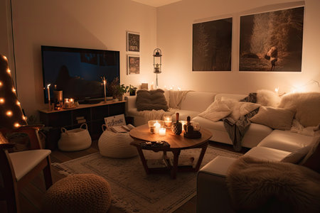 cozy living room with warm lighting and cozy blankets, created with generative aiの素材