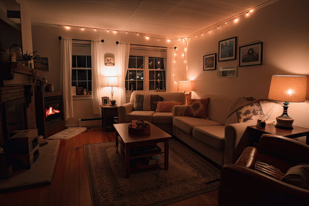 cozy living room with warm lighting and cozy blankets, created with generative aiの素材
