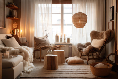 cozy living room filled with soft textures, warm lighting and natural materials, created with generative aiの素材