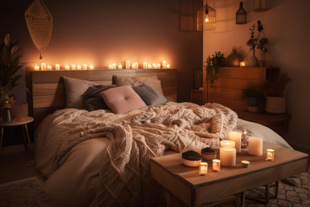 hygge-inspired bedroom, with cozy bedding, warm lighting, and candles, created with generative aiの素材