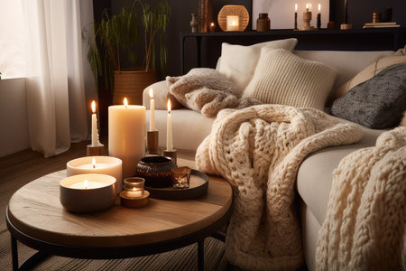 hygge-inspired living room with cozy furniture, candles, and throw blankets, created with generative aiの素材