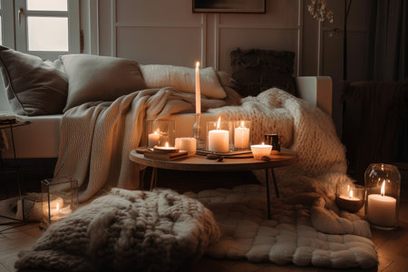 hygge-inspired living room with cozy furniture, candles, and throw blankets, created with generative aiの素材