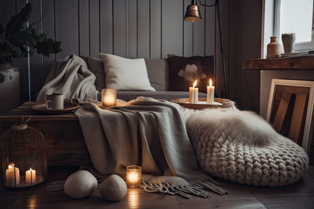 hygge-inspired living room with cozy furniture, candles, and throw blankets, created with generative aiの素材
