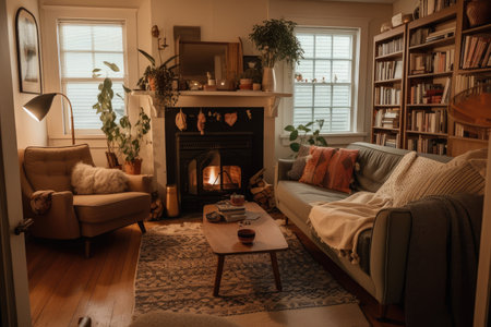 cozy living room with fireplace, bookshelf, and throw blanket, created with generative aiの素材
