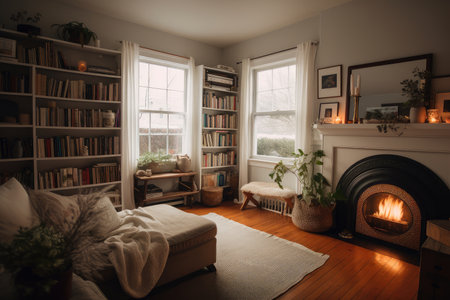 cozy living room with fireplace, bookshelf, and throw blanket, created with generative aiの素材