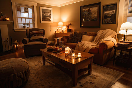 warm and inviting living room with plush seating, candlelight, and cozy blankets, created with generative aiの素材