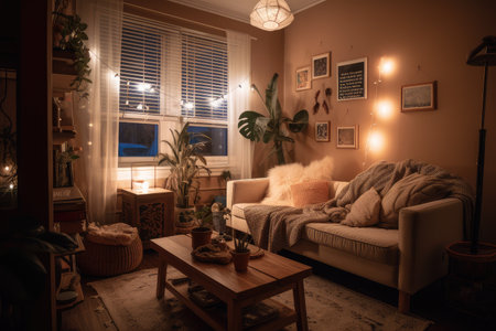 cozy living room with plush sofa, cozy blankets, and warm lighting, created with generative aiの素材
