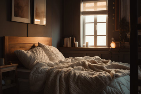 cozy bedroom with soft lighting and a warm blanket, created with generative aiの素材