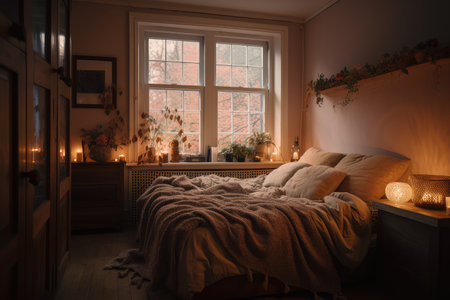 cozy bedroom with soft lighting and a warm blanket, created with generative aiの素材