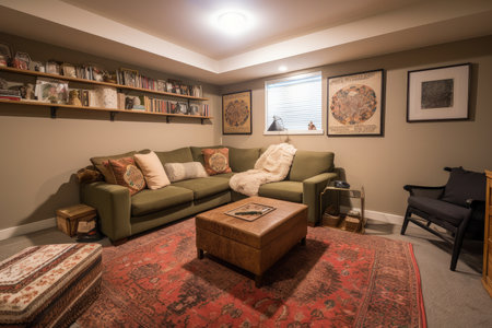 cozy living room with plush carpet and throw pillows, perfect for curling up and reading a good book, created with generative aiの素材