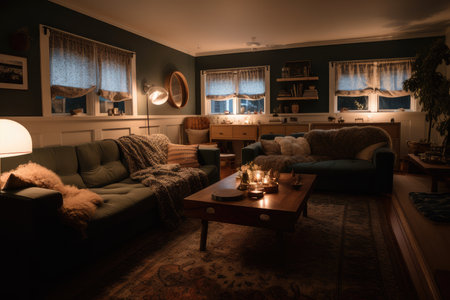 cozy living room with plush sofas, warm lighting, and cozy throw blankets, created with generative aiの素材